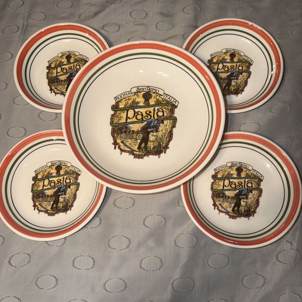 Vintage Buona San Remo Italia Himark Pasta Serving Bowls Set 5 Stripe Italy Mint